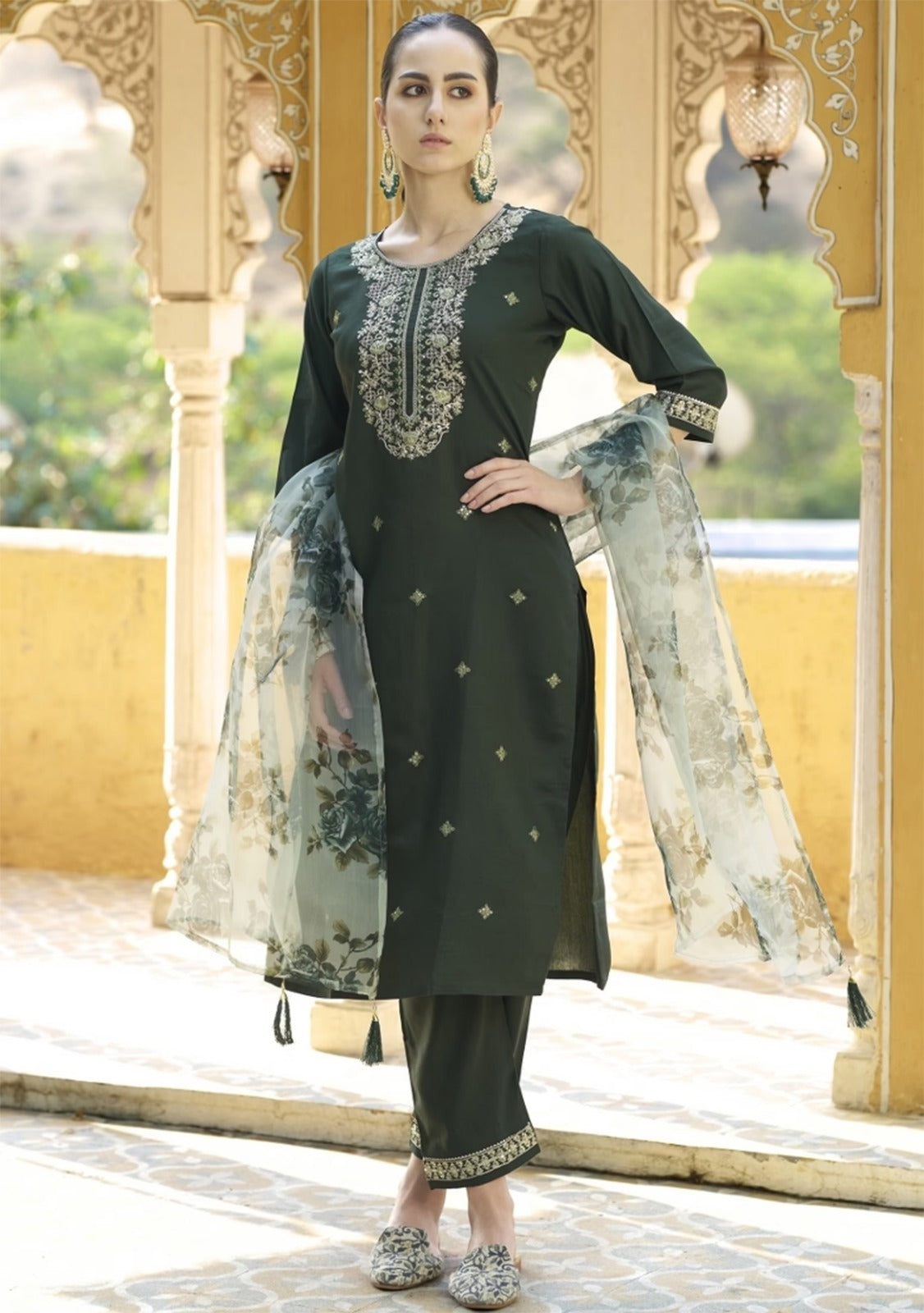 Royal Dark Green Chanderi Cotton Kurta Set with Elegant Organza Dupatta