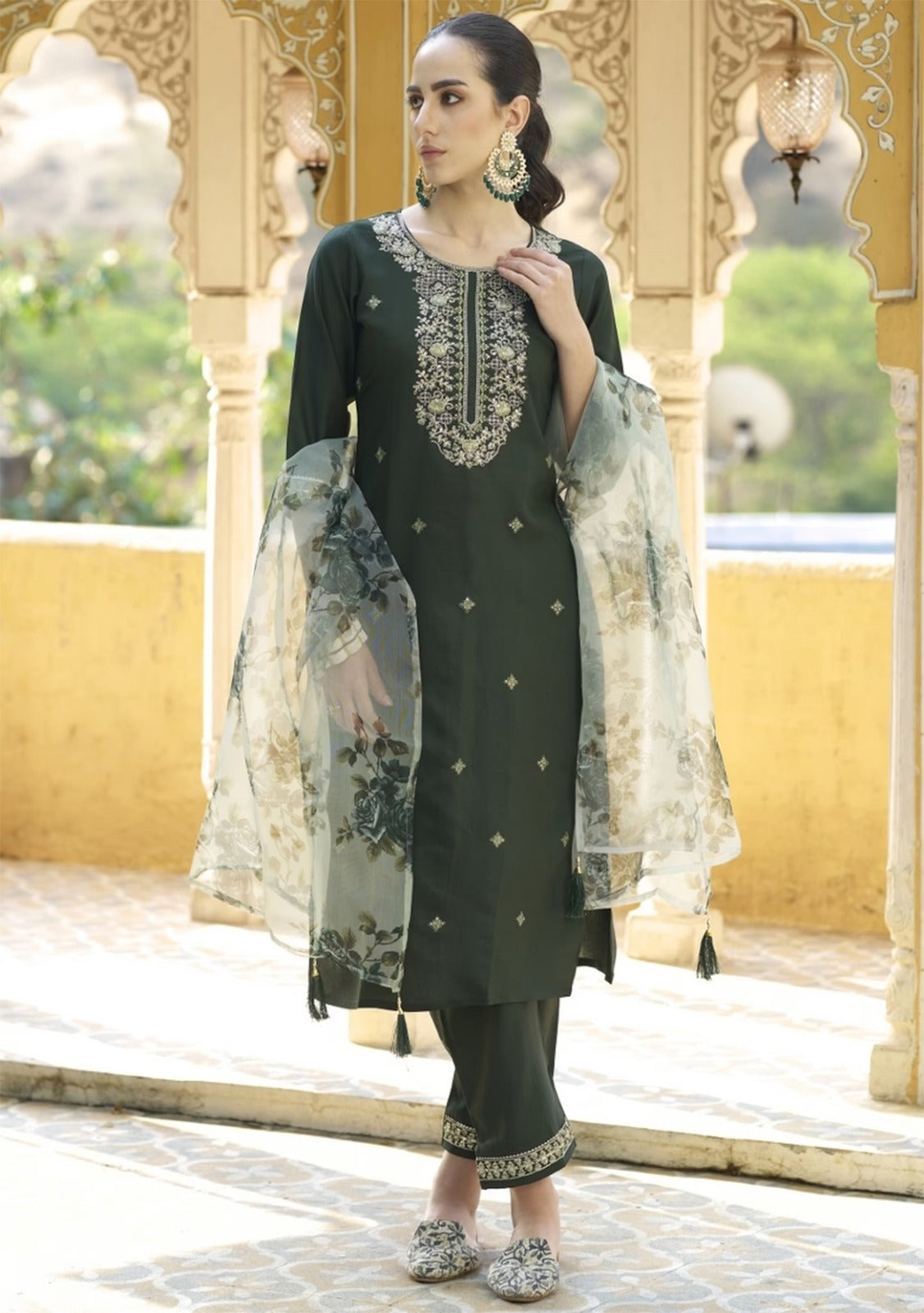 Royal Dark Green Chanderi Cotton Kurta Set with Elegant Organza