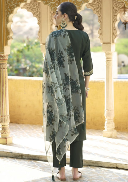Royal Dark Green Chanderi Cotton Kurta Set with Elegant Organza