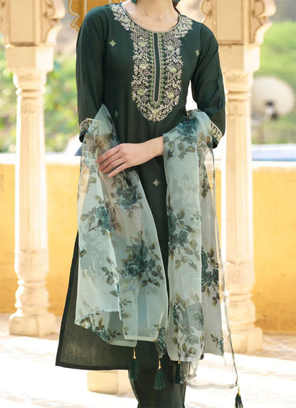Royal Dark Green Chanderi Cotton Kurta Set with Elegant Organza