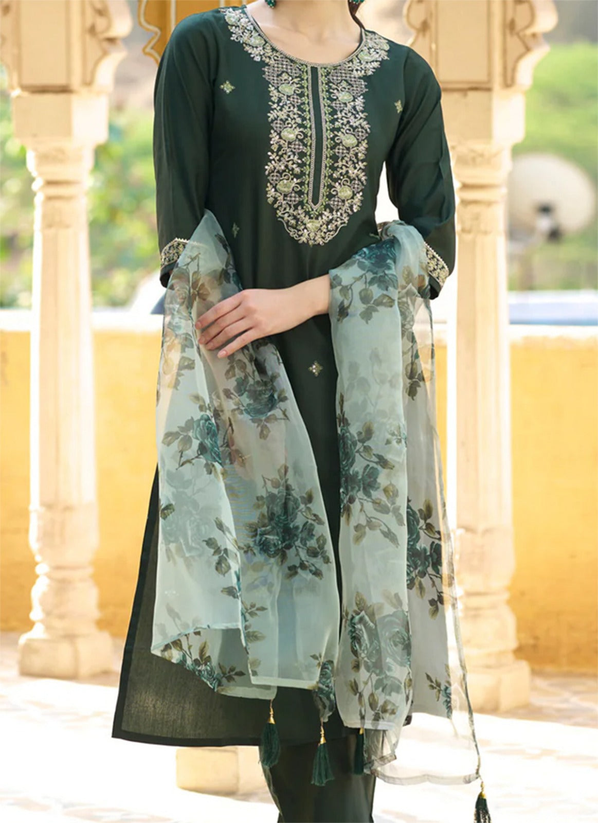 Royal Dark Green Chanderi Cotton Kurta Set with Elegant Organza