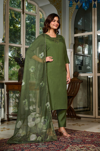 Green Chanderi Grace Embroidered Suit Set for Women