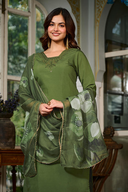 Green Chanderi Grace Embroidered Suit Set for Women