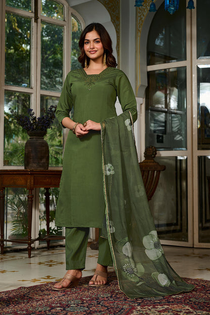 Green Chanderi Grace Embroidered Suit Set for Women