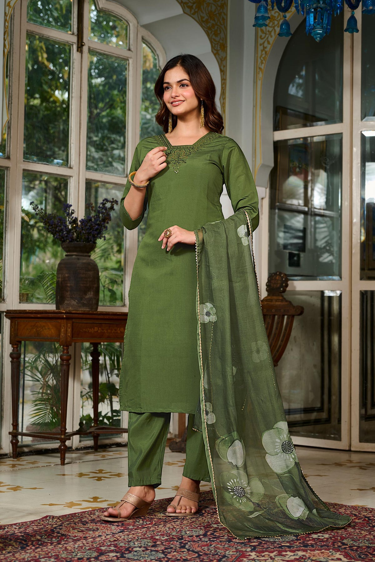 Green Chanderi Grace Embroidered Suit Set for Women