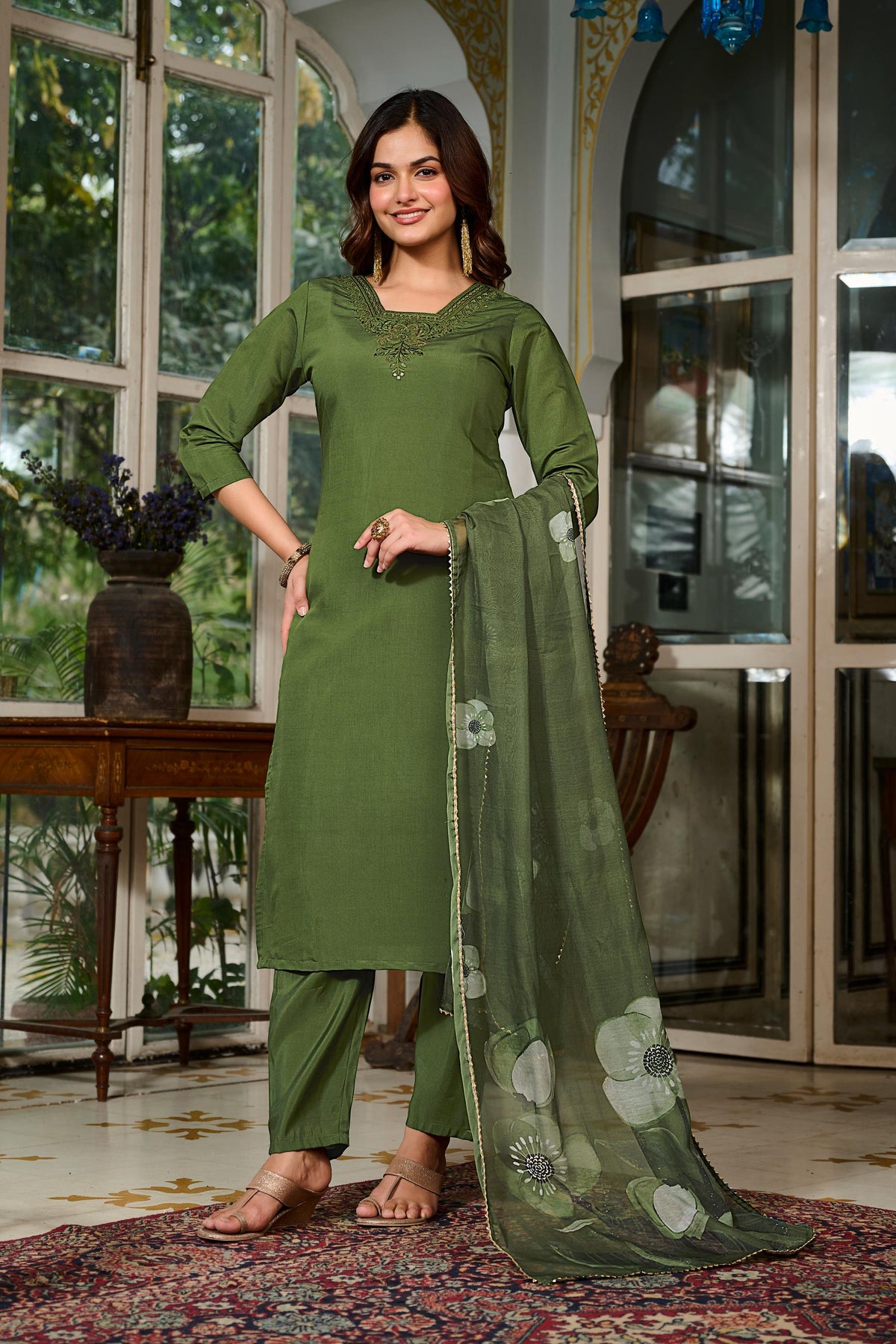 Green Chanderi Grace Embroidered Suit Set for Women