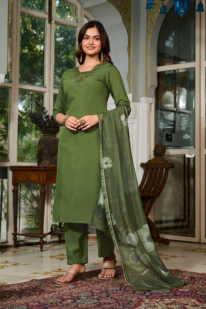 Green Chanderi Grace Embroidered Suit Set for Women