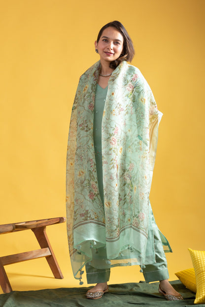 Pista Green Chanderi Kurta Set with Organza Dupatta for Women