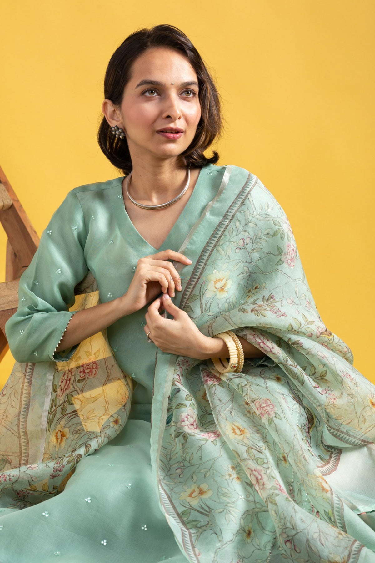 Pista Green Chanderi Kurta Set with Organza Dupatta for Women