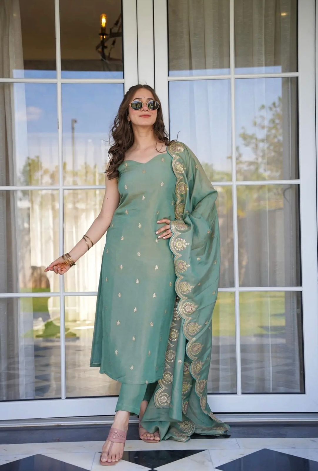 Sea Green Zari Chanderi Kurta Pant Dupatta Set Women for Women