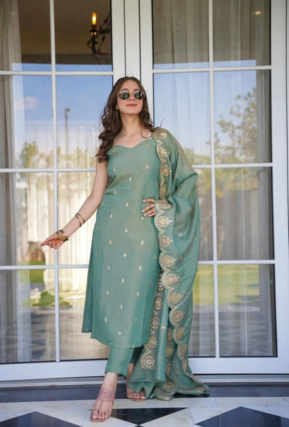 Sea Green Zari Chanderi Kurta Pant Dupatta Set Women for Women