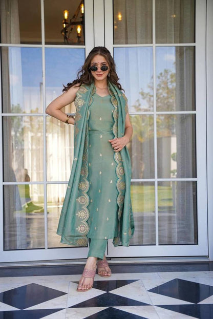 Sea Green Zari Chanderi Kurta Pant Dupatta Set Women for Women