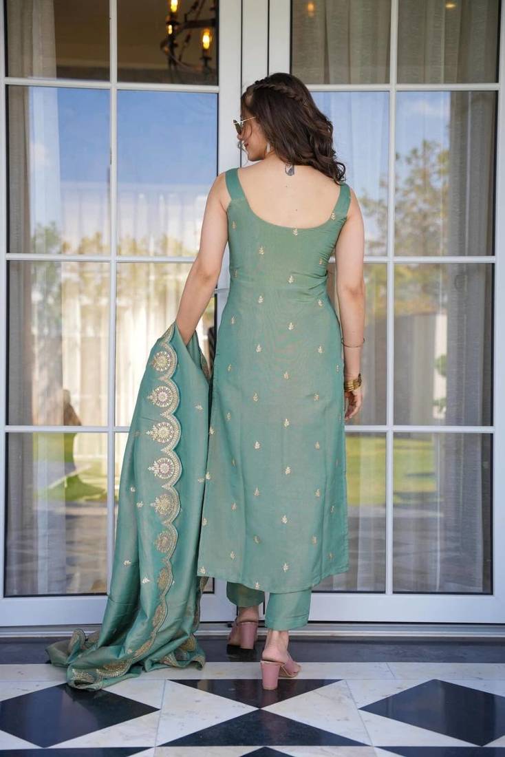 Sea Green Zari Chanderi Kurta Pant Dupatta Set Women for Women