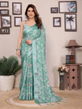 Sea Green Cotton Linen Printed Saree with Woven Border