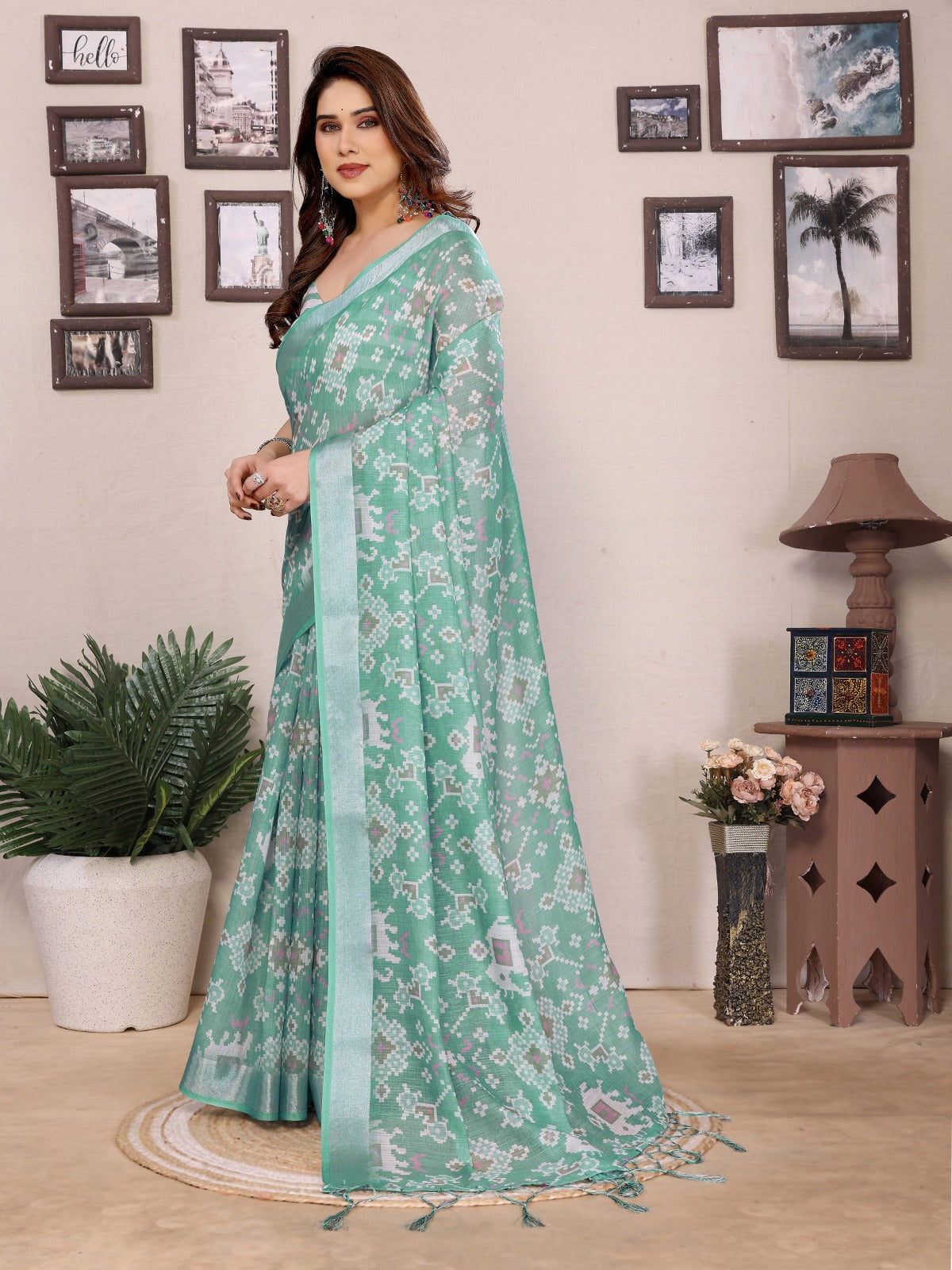 Sea Green Cotton Linen Printed Saree with Woven Border for Women