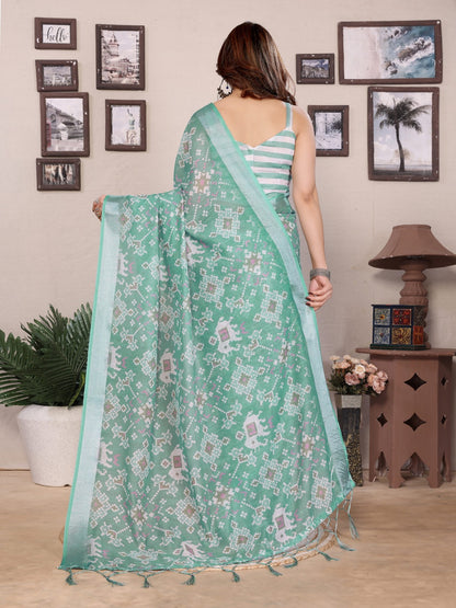 Sea Green Cotton Linen Printed Saree with Woven Border for Women