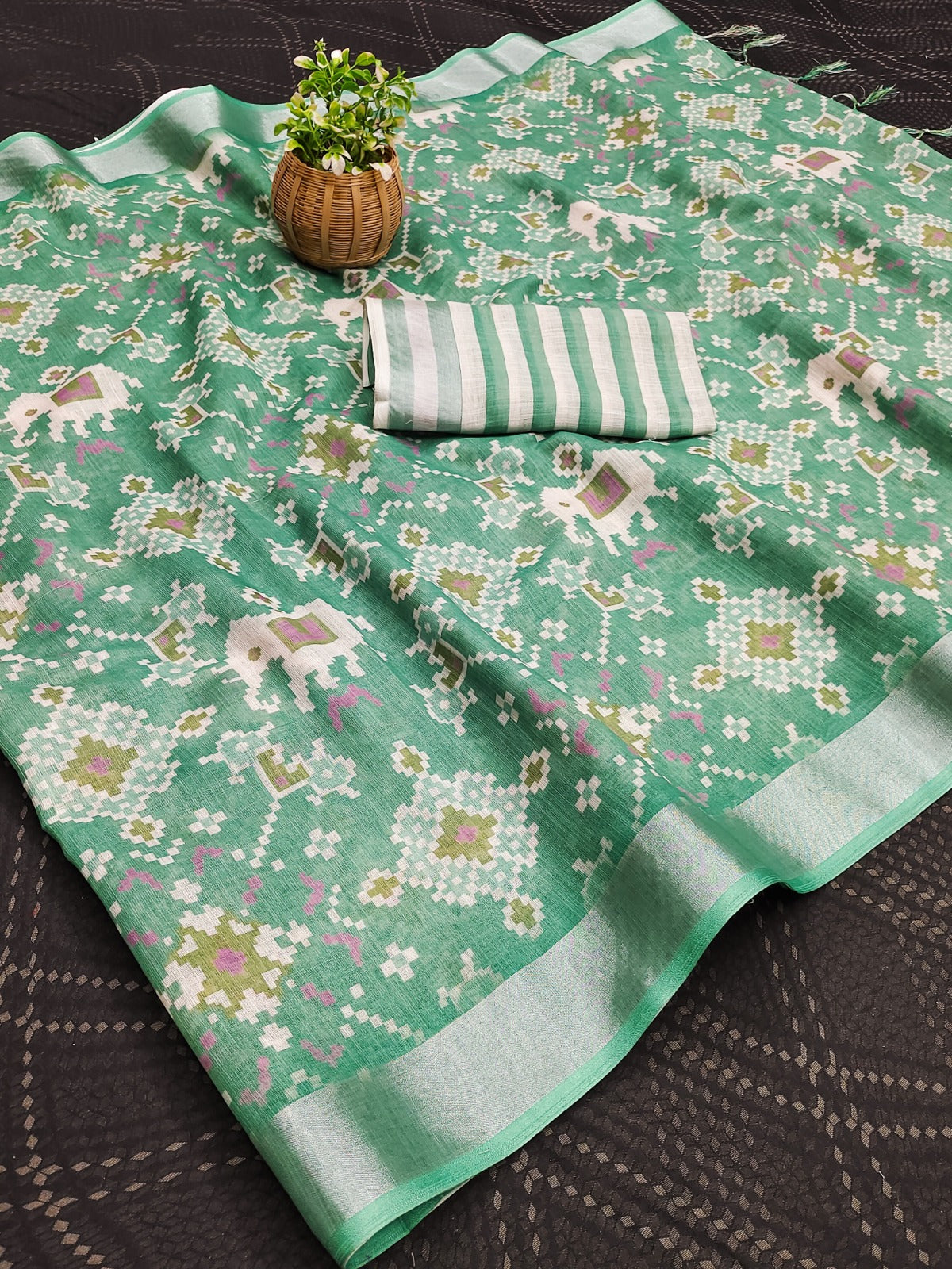 Sea Green Cotton Linen Printed Saree with Woven Border for Women