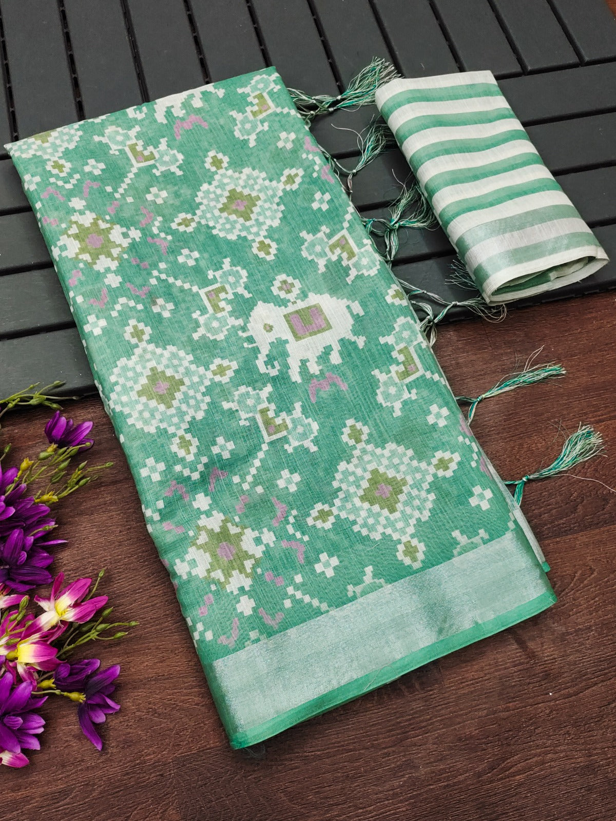 Sea Green Cotton Linen Printed Saree with Woven Border for Women