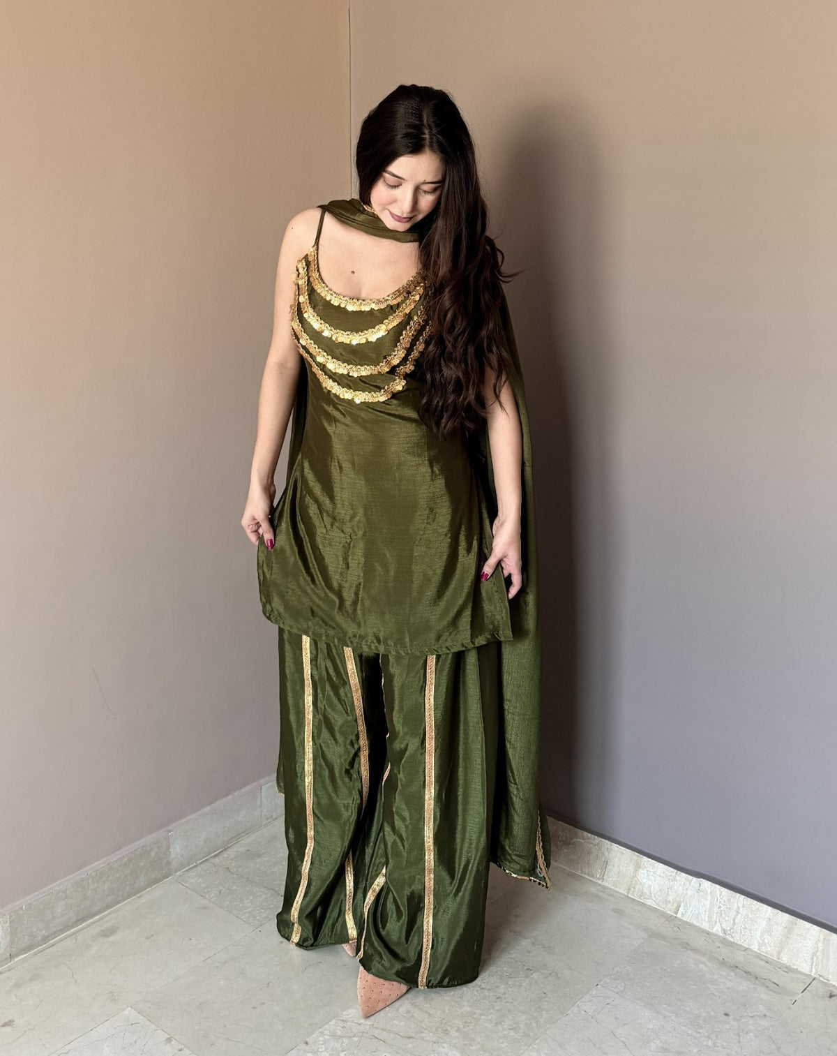 Luxury Olive Green Designer Kurta Palazzo Set with Dupatta for Women