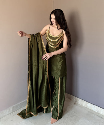 Luxury Olive Green Designer Kurta Palazzo Set with Dupatta for Women