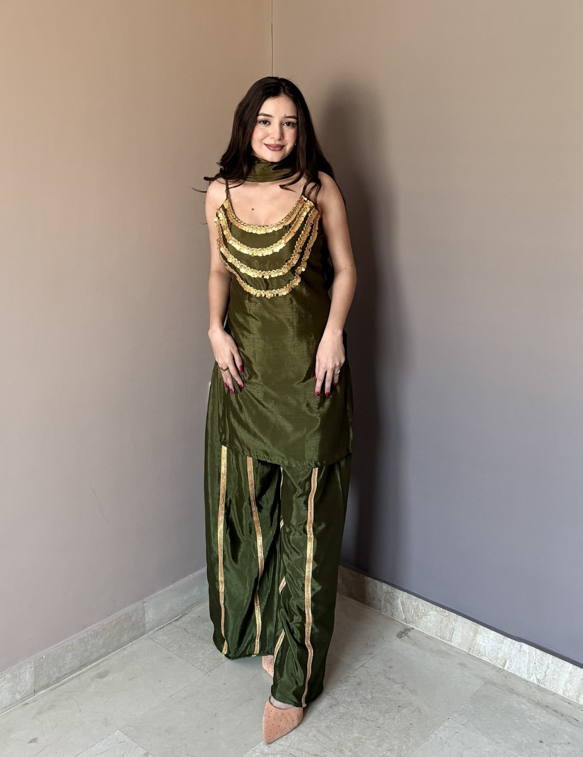 Luxury Olive Green Designer Kurta Palazzo Set with Dupatta for Women