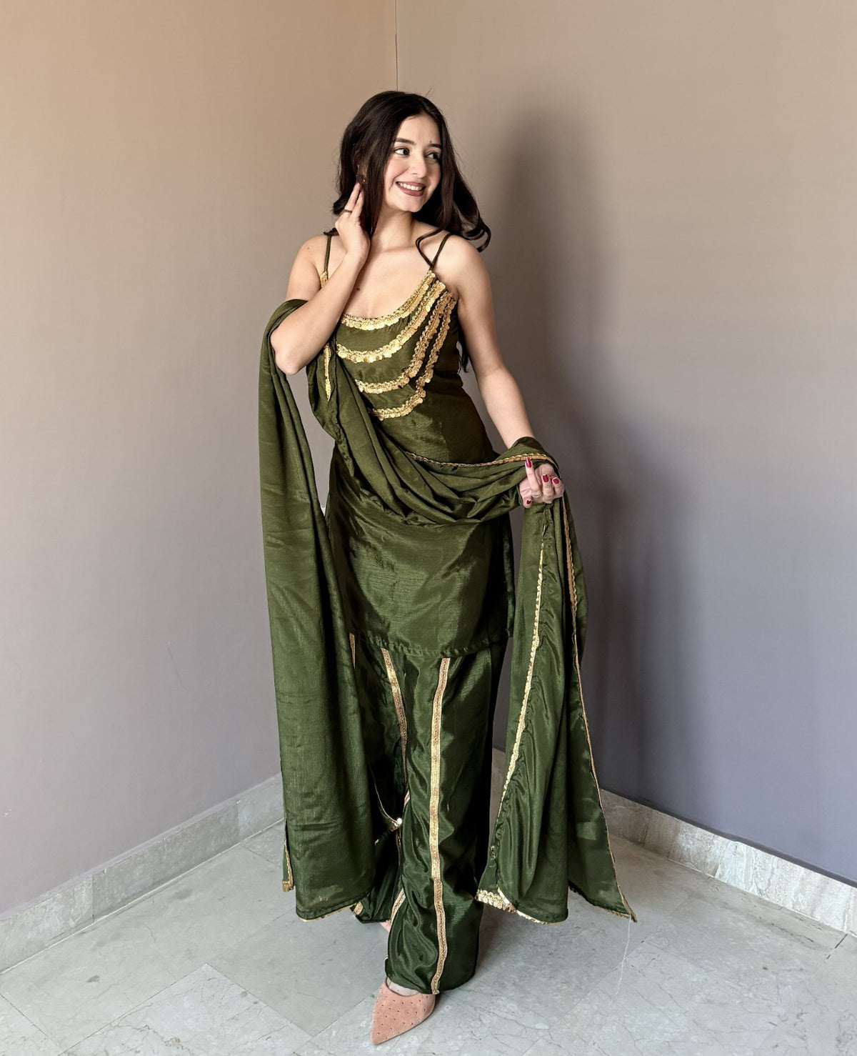 Luxury Olive Green Designer Kurta Palazzo Set with Dupatta for Women