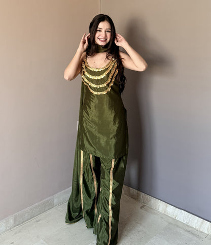 Luxury Olive Green Designer Kurta Palazzo Set with Dupatta for Women