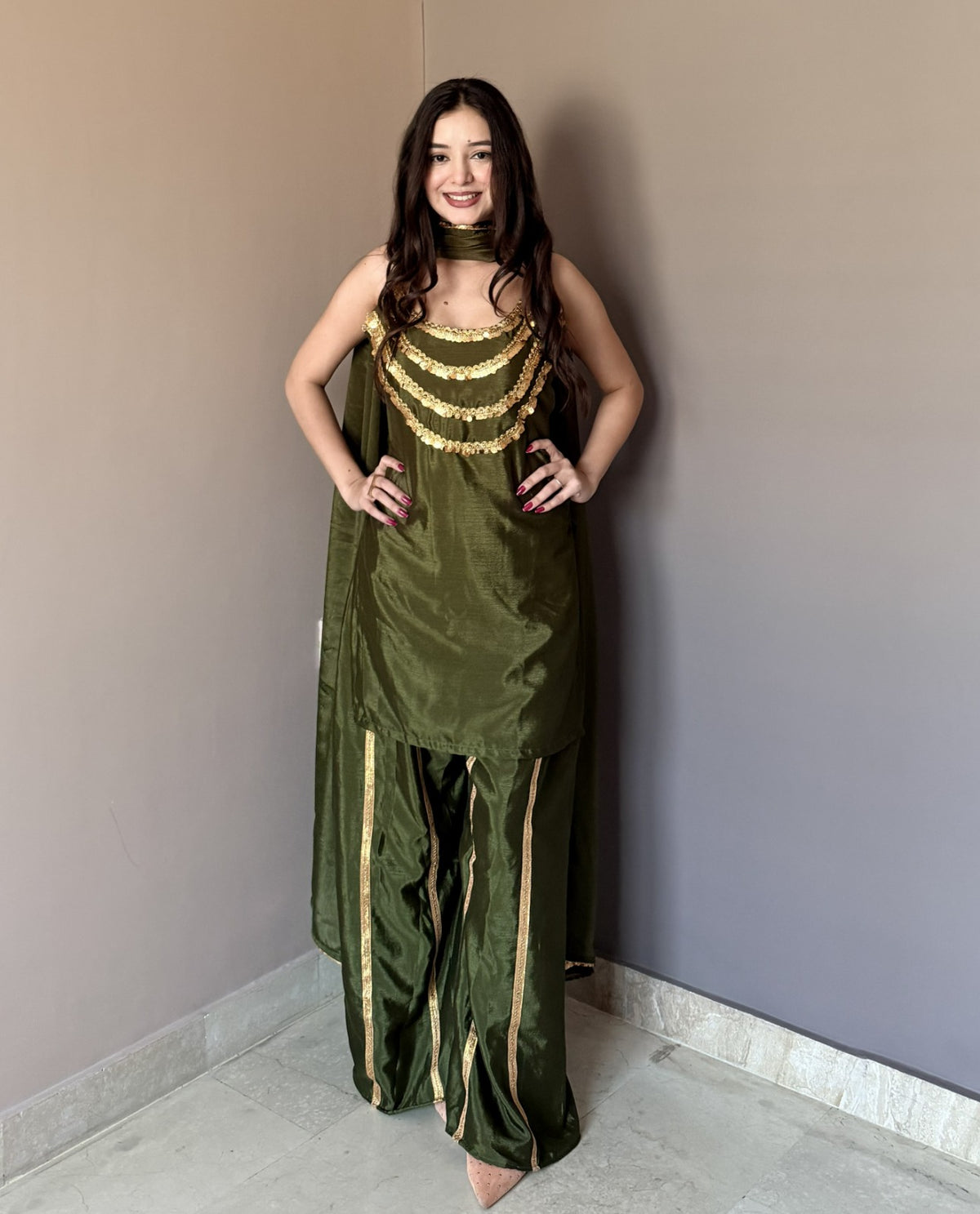 Luxury Olive Green Designer Kurta Palazzo Set with Dupatta for Women