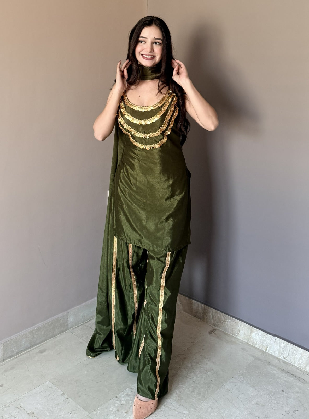 Luxury Olive Green Designer Kurta Palazzo Set with Dupatta for Women