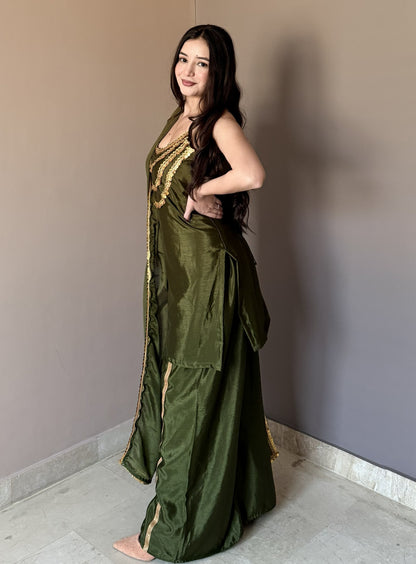 Luxury Olive Green Designer Kurta Palazzo Set with Dupatta for Women