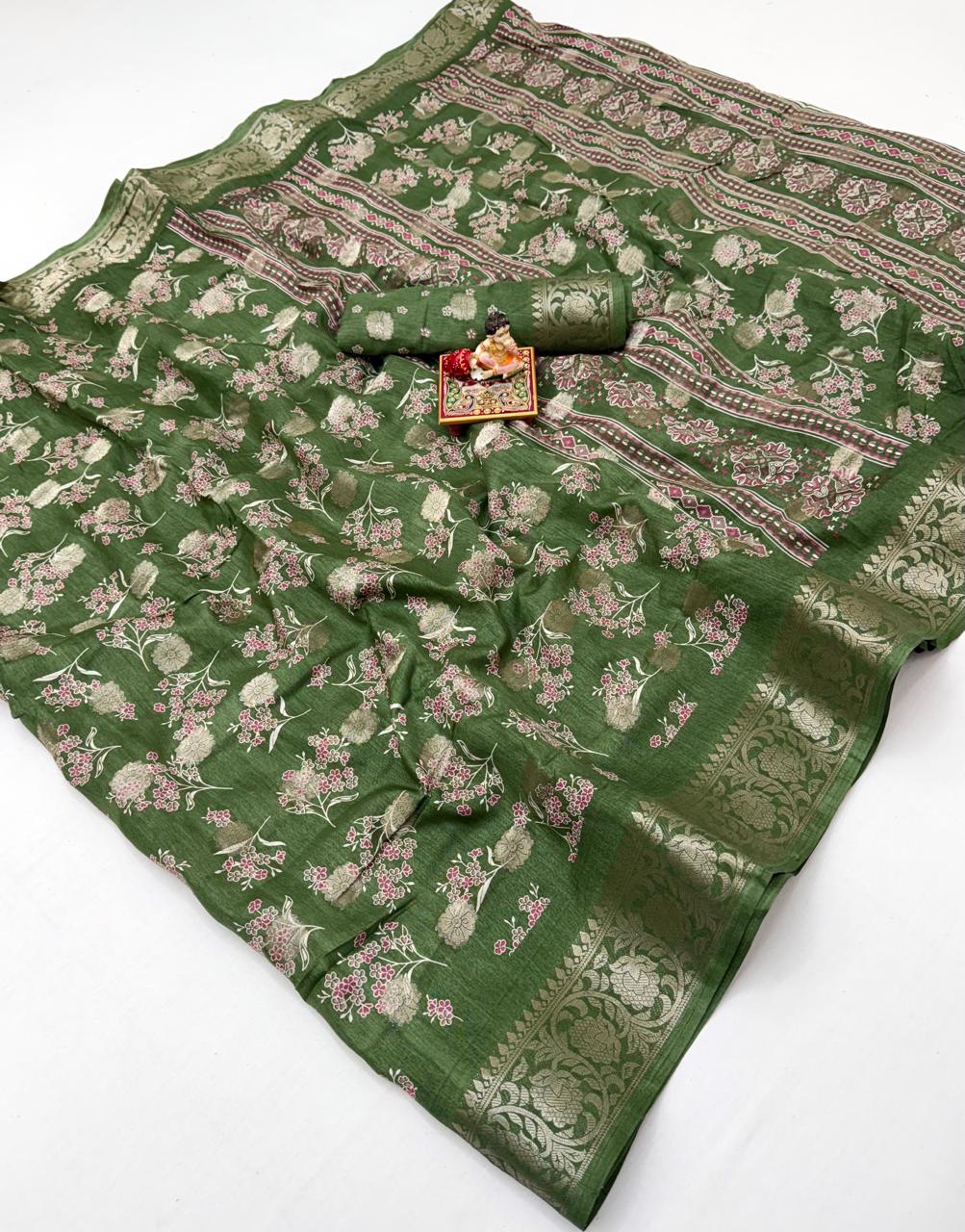 Festive Olive Green Dola Butti Silk Saree With Blouse for Women