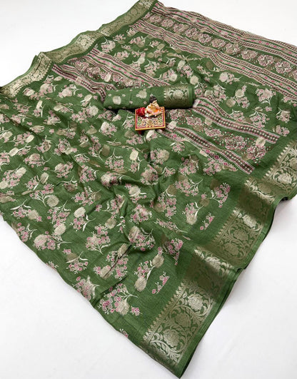 Festive Olive Green Dola Butti Silk Saree With Blouse for Women