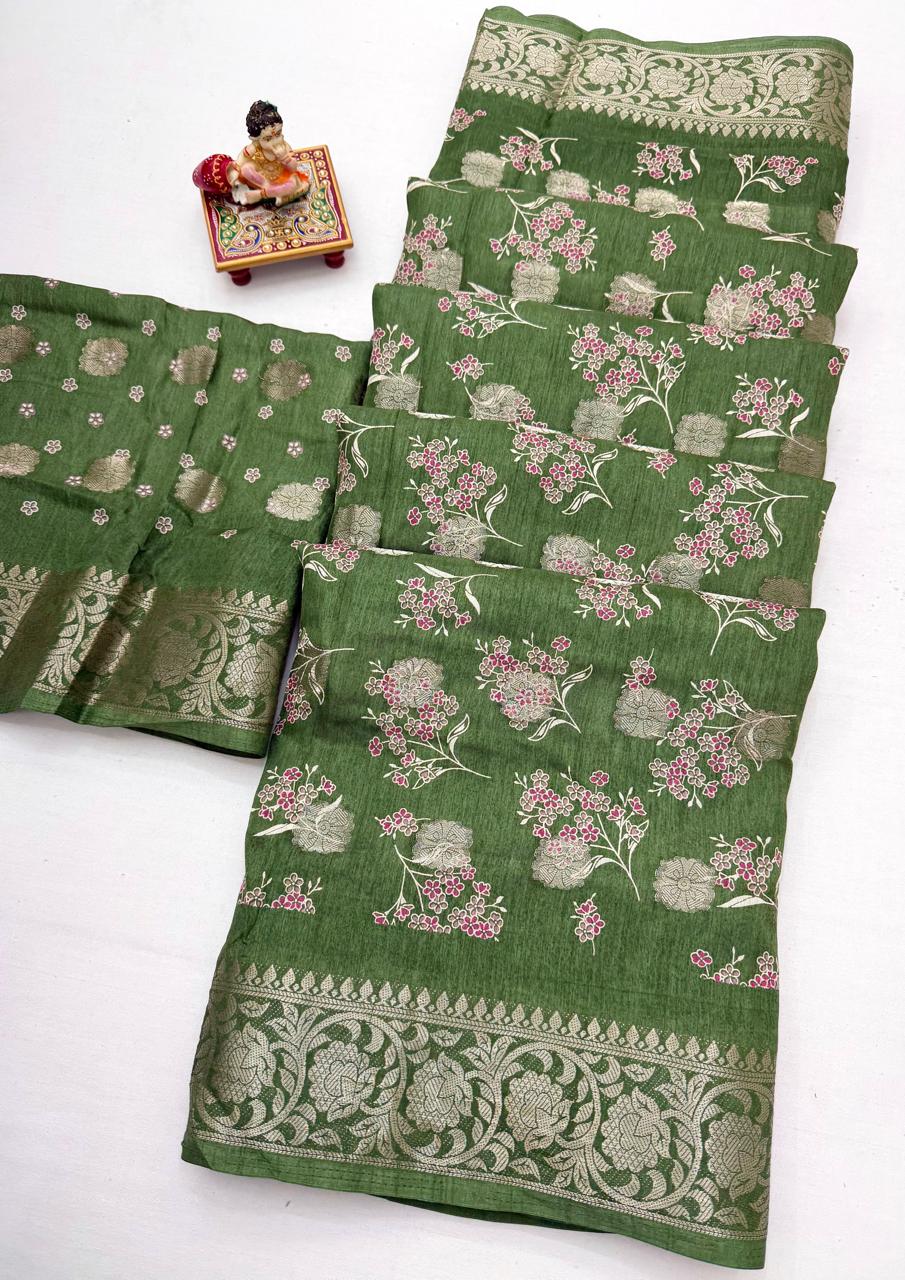 Festive Olive Green Dola Butti Silk Saree With Blouse