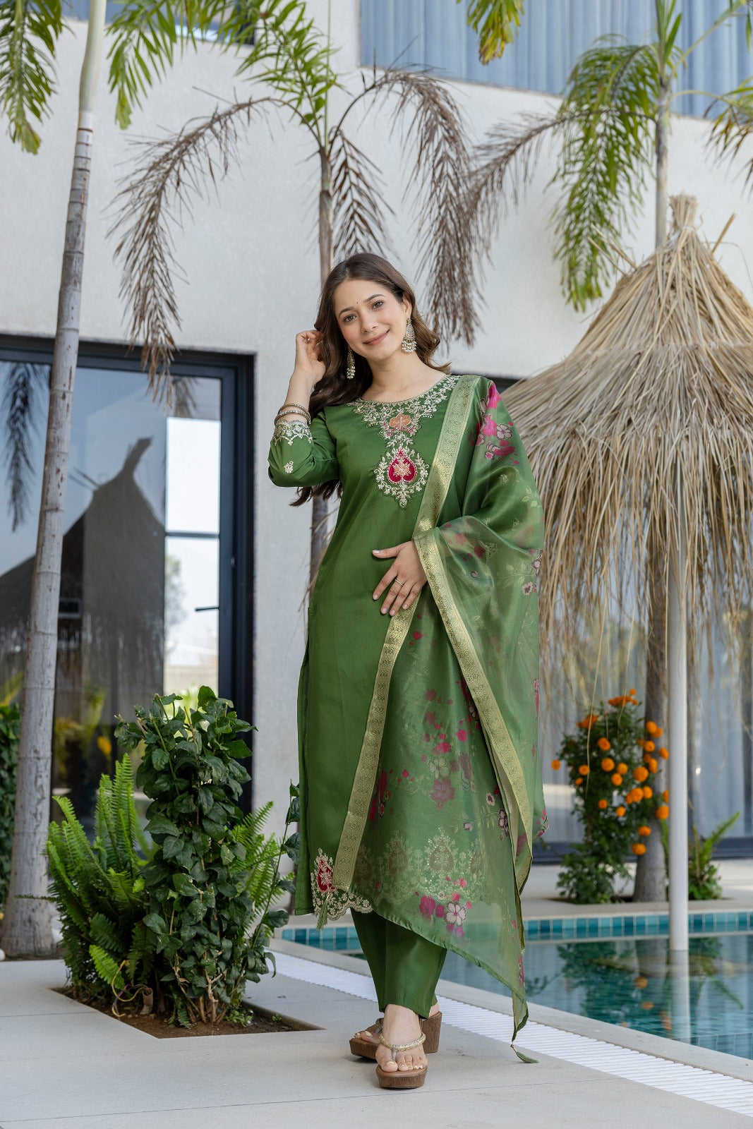 Green Chanderi Embroidered Kurta Pant Dupatta Set for Women