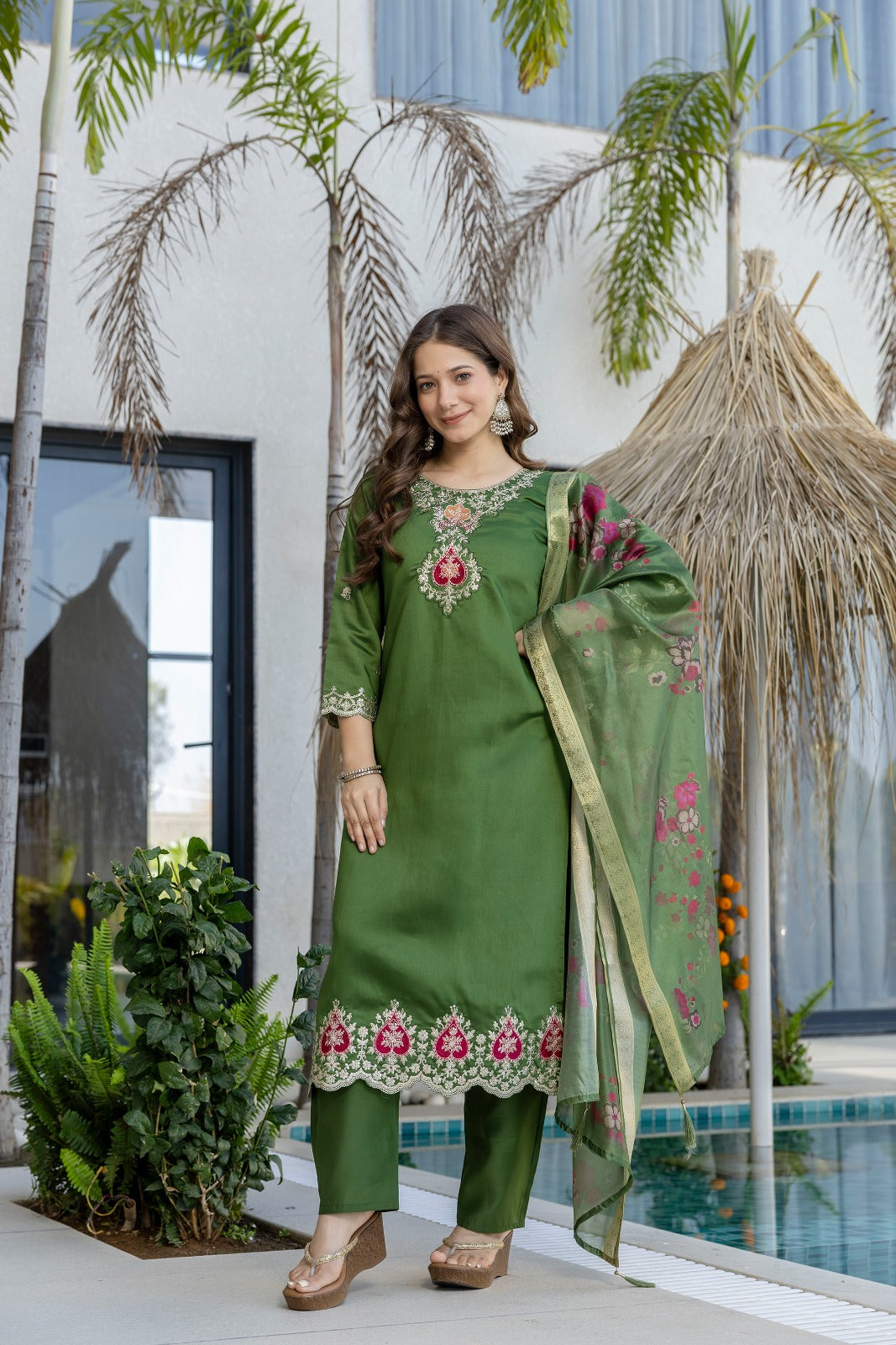 Green Chanderi Embroidered Kurta Pant Dupatta Set for Women