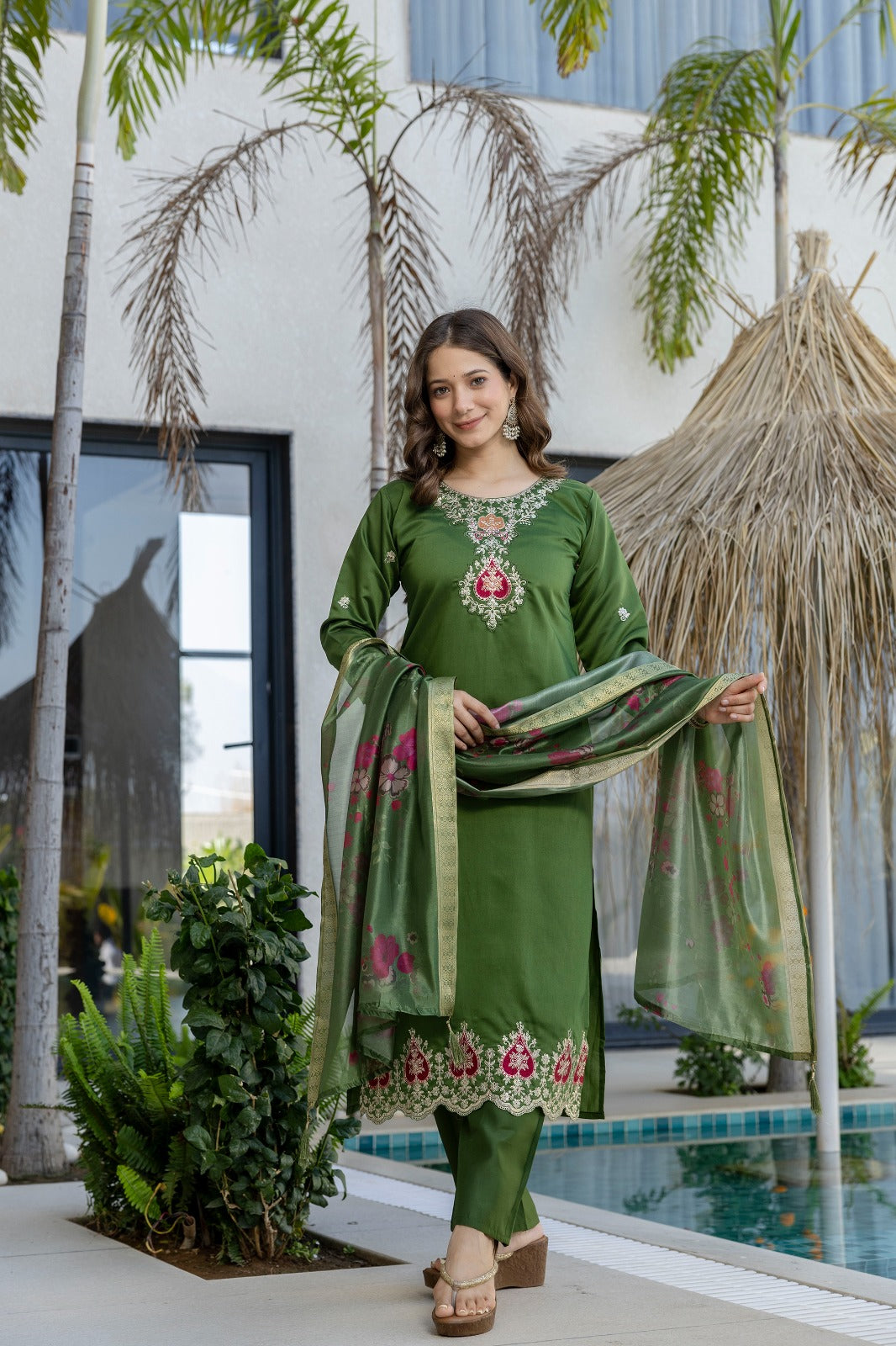 Green Chanderi Embroidered Kurta Pant Dupatta Set for Women