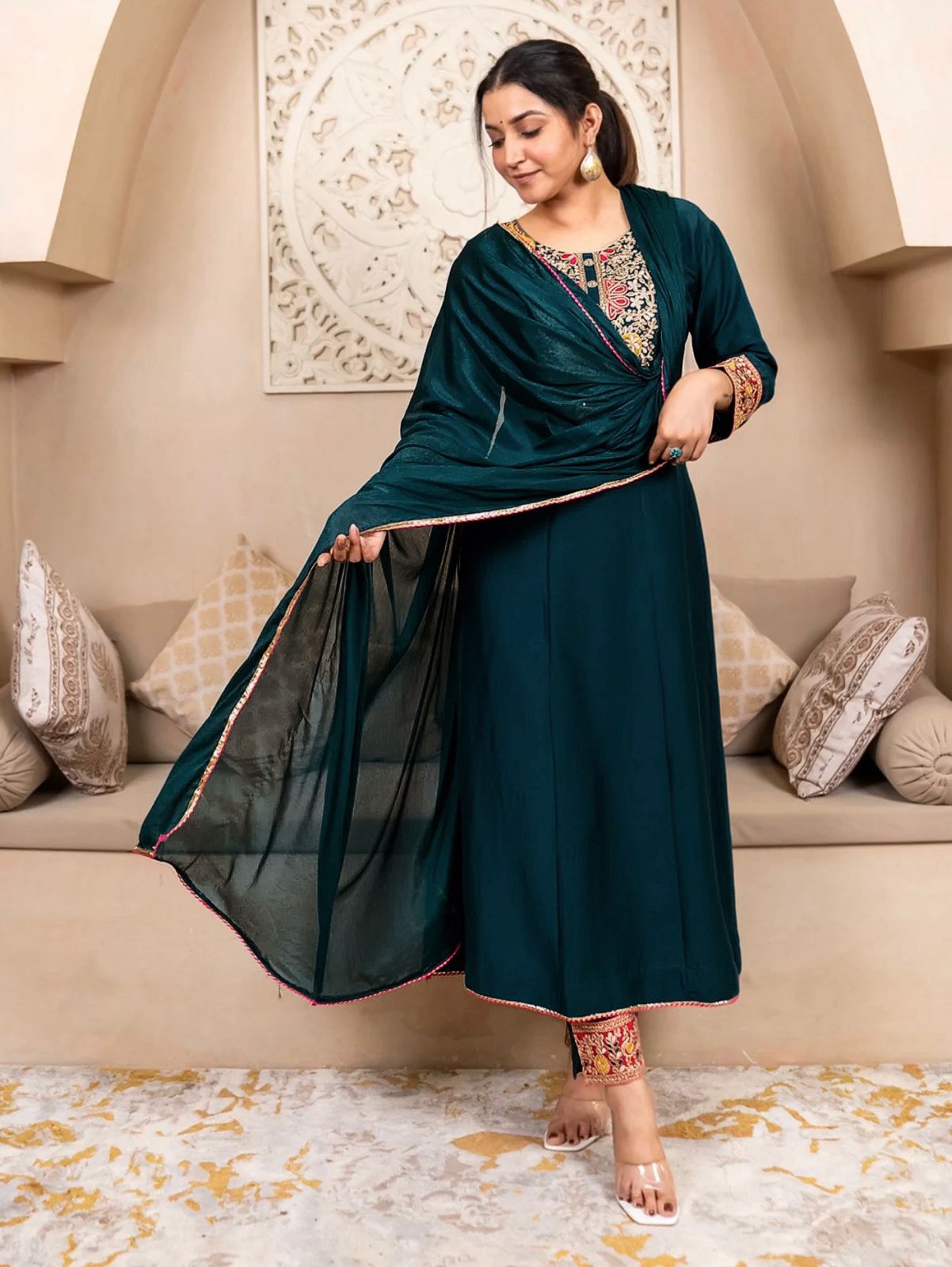 Teal Green Embroidered Silk Anarkali Kurta Set