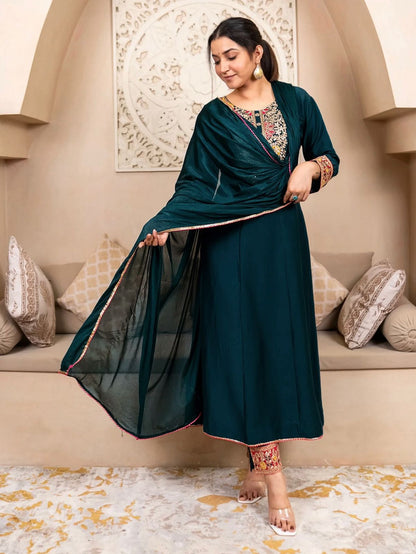 Teal Green Embroidered Silk Anarkali Kurta Set for Women