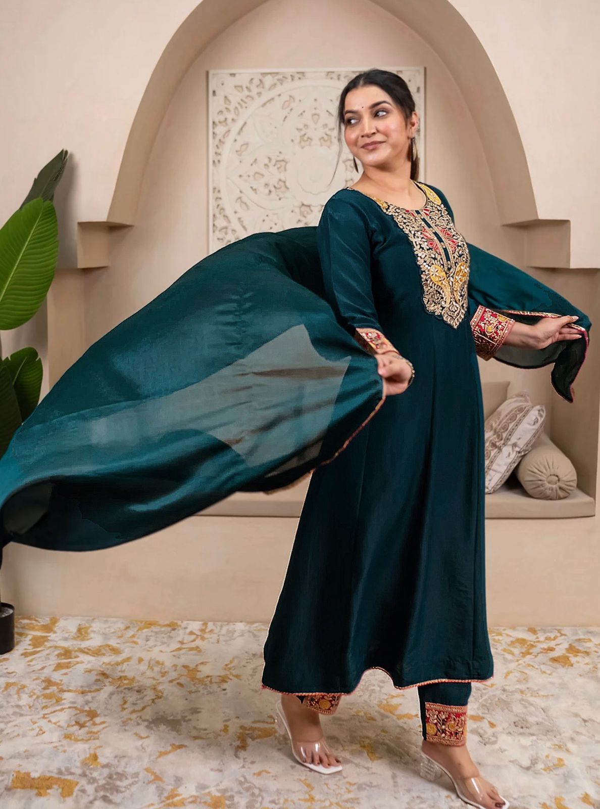 Teal Green Embroidered Silk Anarkali Kurta Set for Women