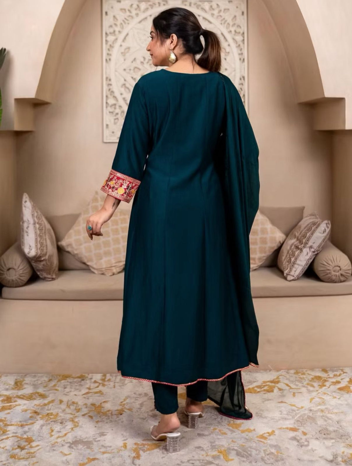 Teal Green Embroidered Silk Anarkali Kurta Set for Women