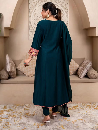 Teal Green Embroidered Silk Anarkali Kurta Set for Women