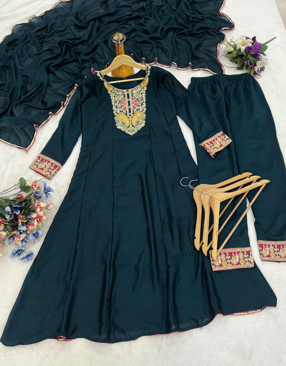 Teal Green Embroidered Silk Anarkali Kurta Set for Women