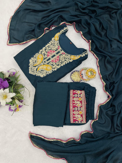 Teal Green Embroidered Silk Anarkali Kurta Set for Women
