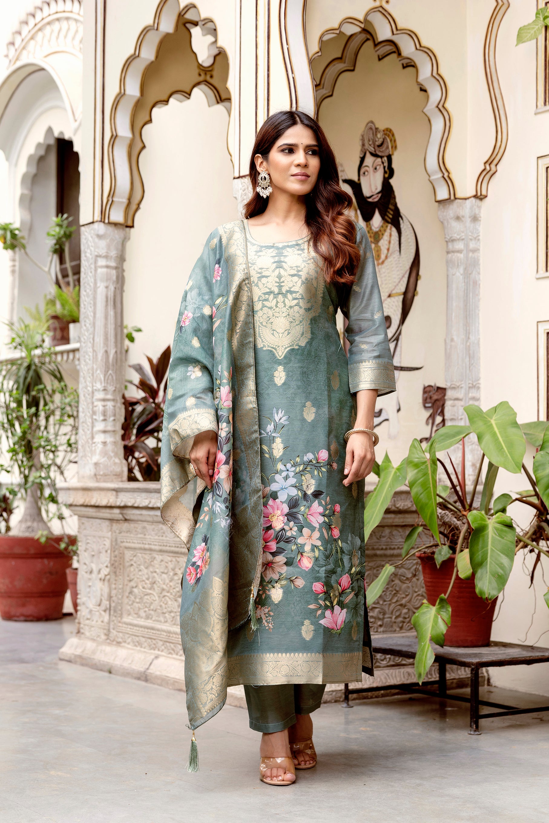 Sage Green Floral Woven Chanderi Kurti Set Women