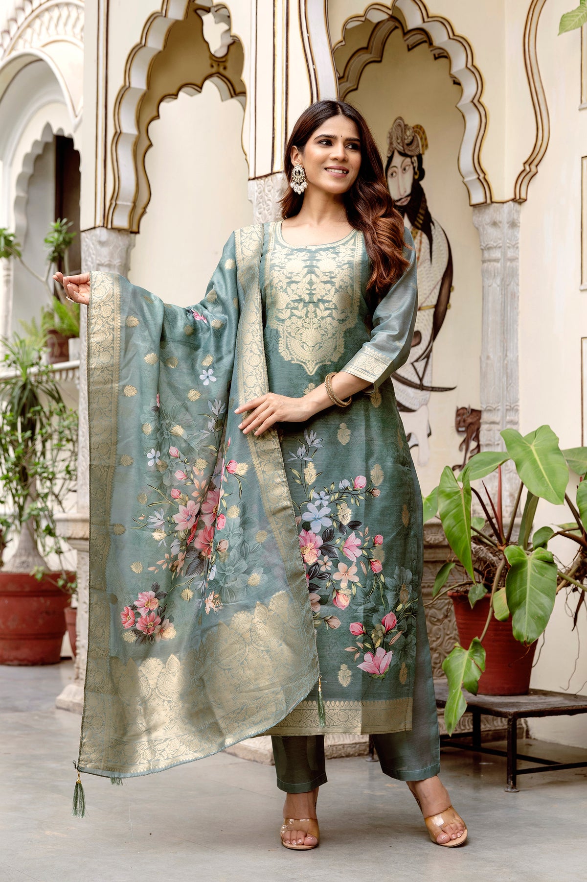 Sage Green Floral Woven Chanderi Kurti Set Women for Women