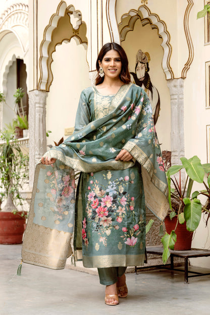 Sage Green Floral Woven Chanderi Kurti Set Women for Women