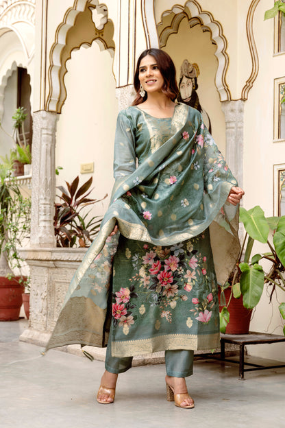 Sage Green Floral Woven Chanderi Kurti Set Women for Women