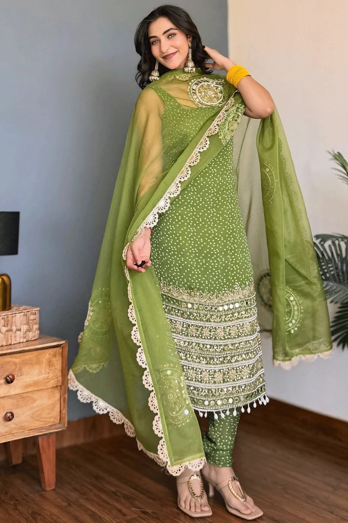 Green Georgette Embroidered Kurta Pant Dupatta Set for Women