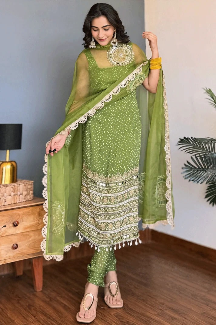 Green Georgette Embroidered Kurta Pant Dupatta Set for Women