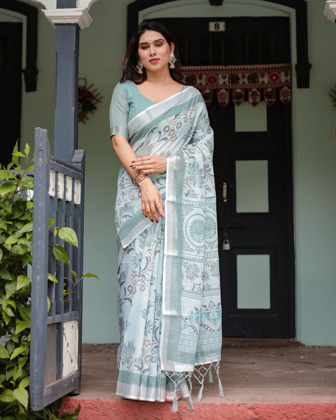 Pastel Green Linen Saree with Elegant Floral Print for Women
